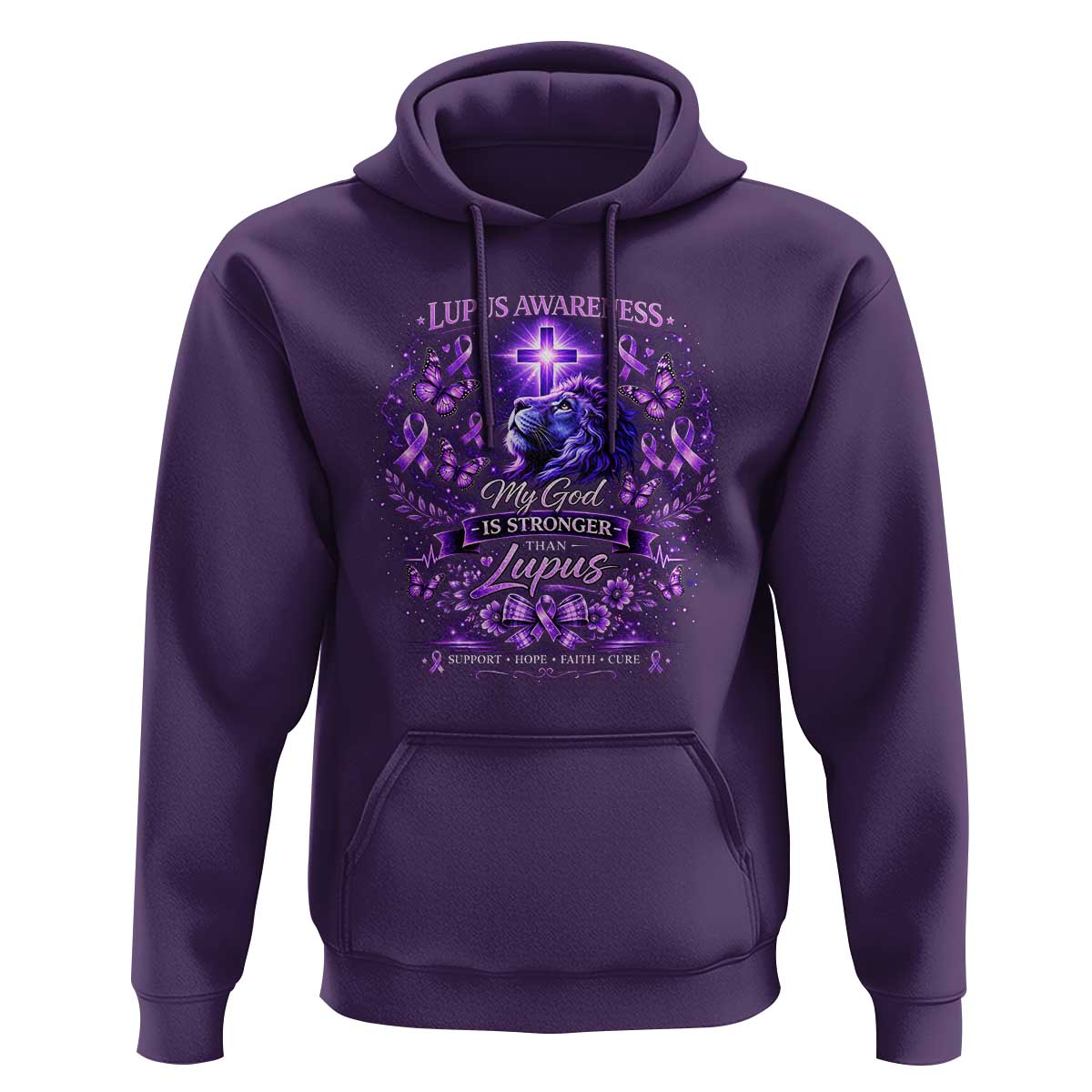 Lupus Awareness Hoodie Lion Purple Ribbon My God Is Stronger Than Lupus