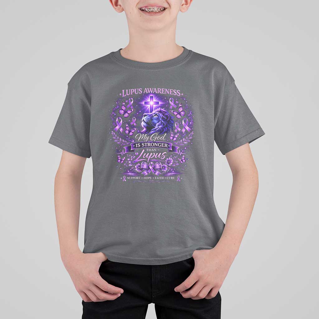 Lupus Awareness T Shirt For Kid Lion Purple Ribbon My God Is Stronger Than Lupus