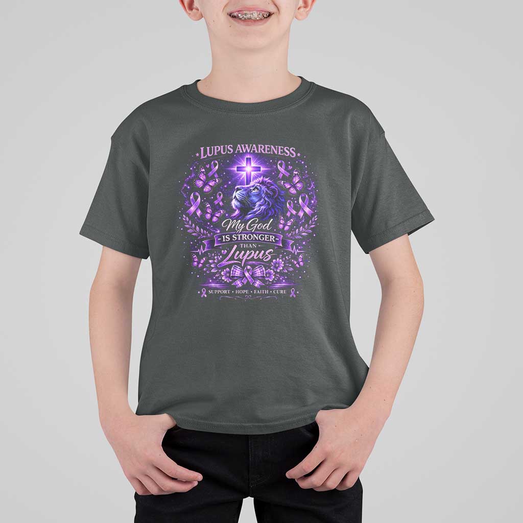 Lupus Awareness T Shirt For Kid Lion Purple Ribbon My God Is Stronger Than Lupus