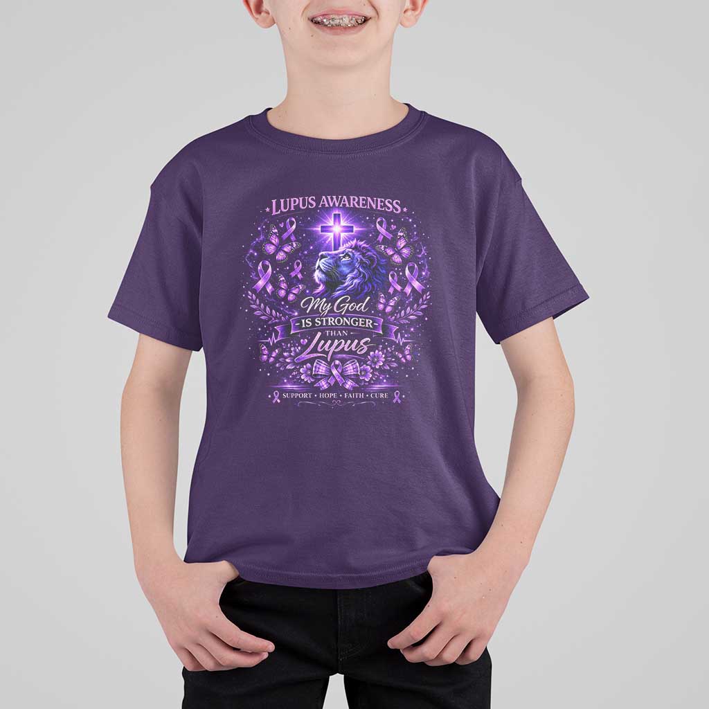 Lupus Awareness T Shirt For Kid Lion Purple Ribbon My God Is Stronger Than Lupus
