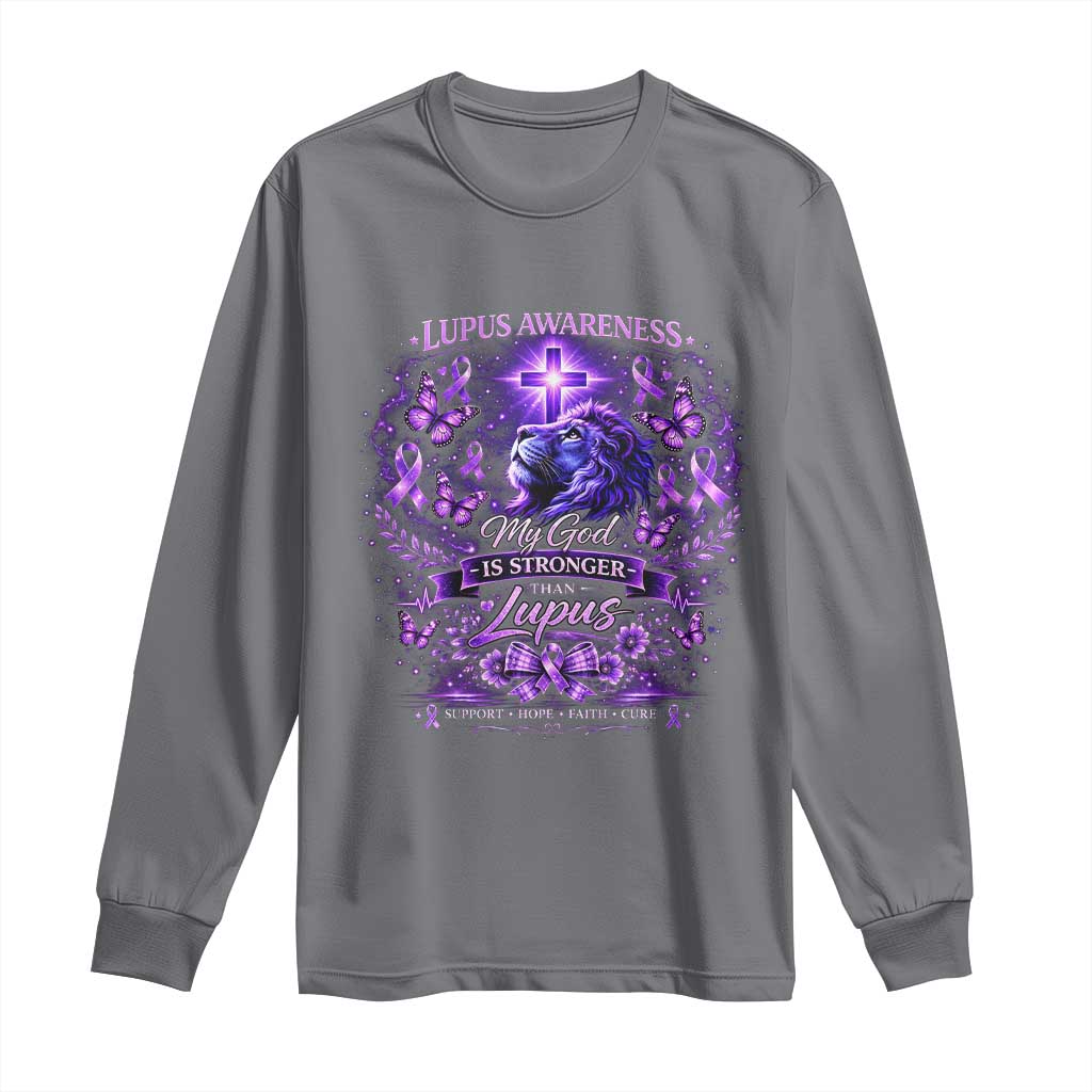 Lupus Awareness Long Sleeve Shirt Lion Purple Ribbon My God Is Stronger Than Lupus