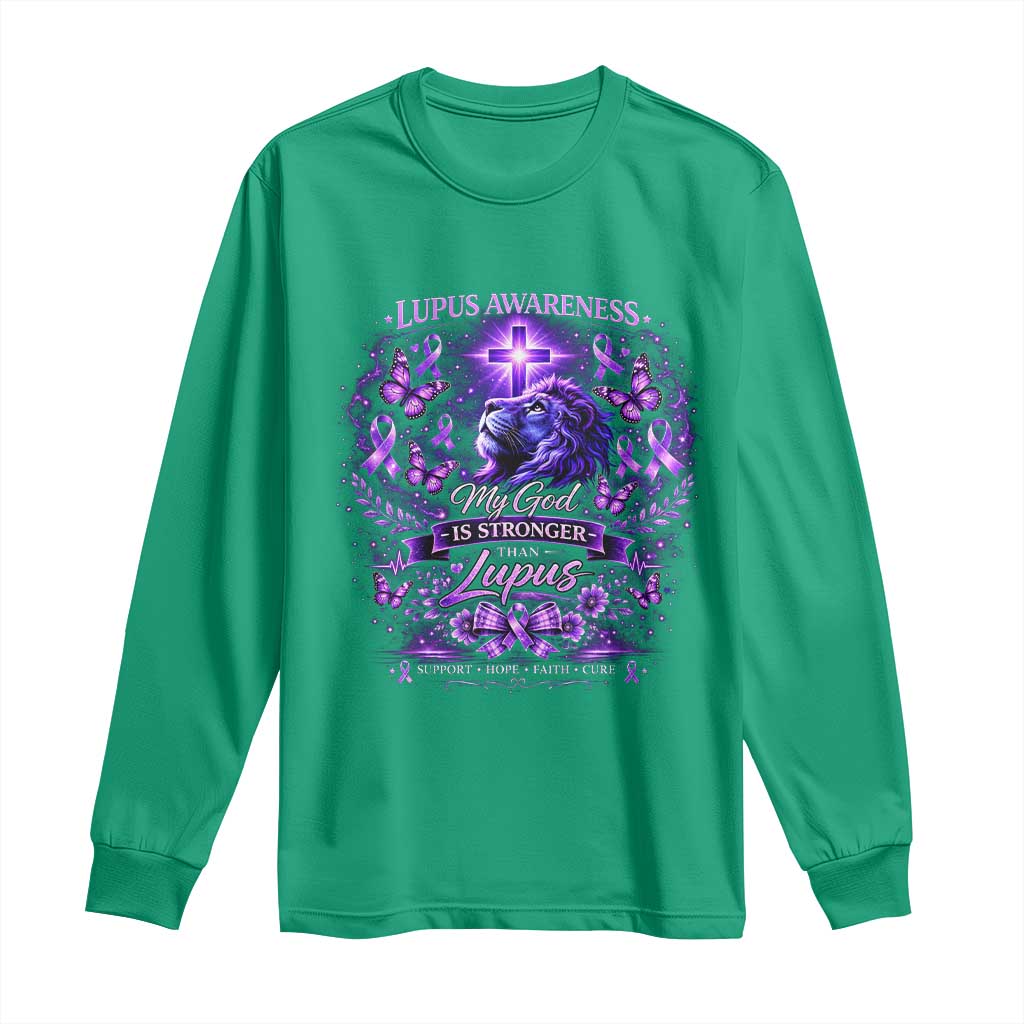 Lupus Awareness Long Sleeve Shirt Lion Purple Ribbon My God Is Stronger Than Lupus