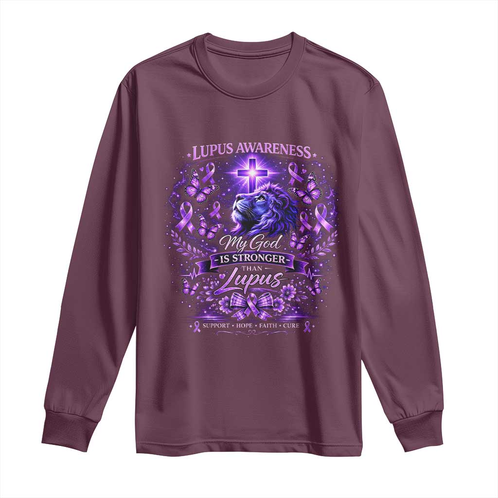 Lupus Awareness Long Sleeve Shirt Lion Purple Ribbon My God Is Stronger Than Lupus