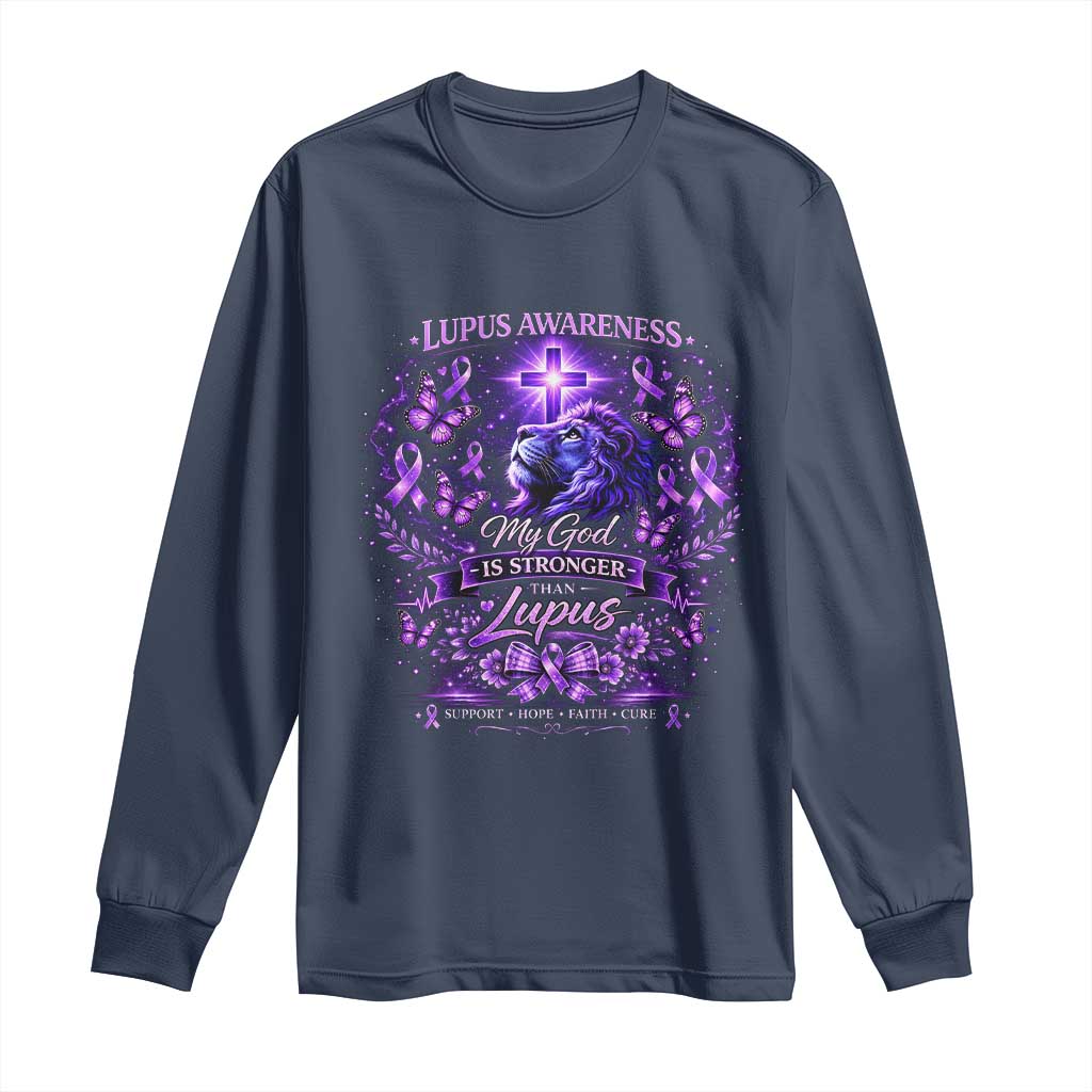 Lupus Awareness Long Sleeve Shirt Lion Purple Ribbon My God Is Stronger Than Lupus