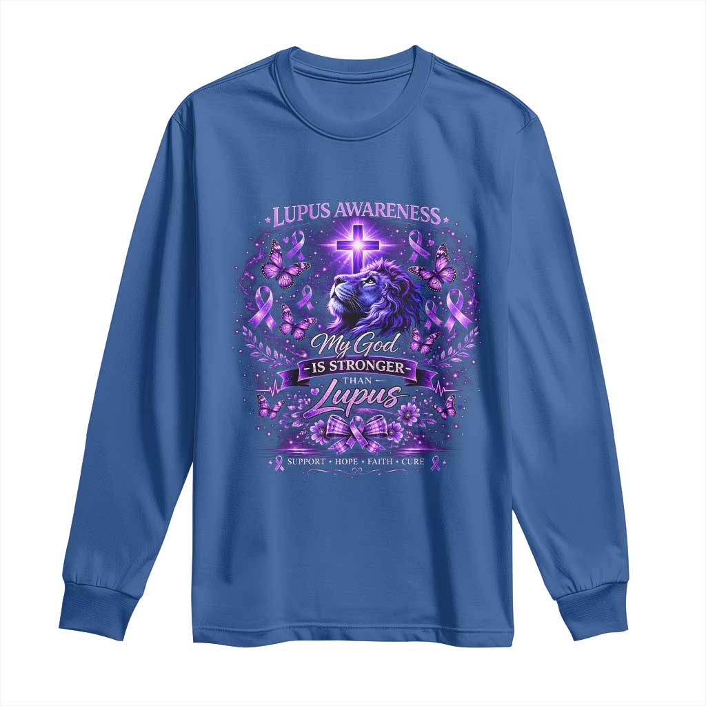 Lupus Awareness Long Sleeve Shirt Lion Purple Ribbon My God Is Stronger Than Lupus