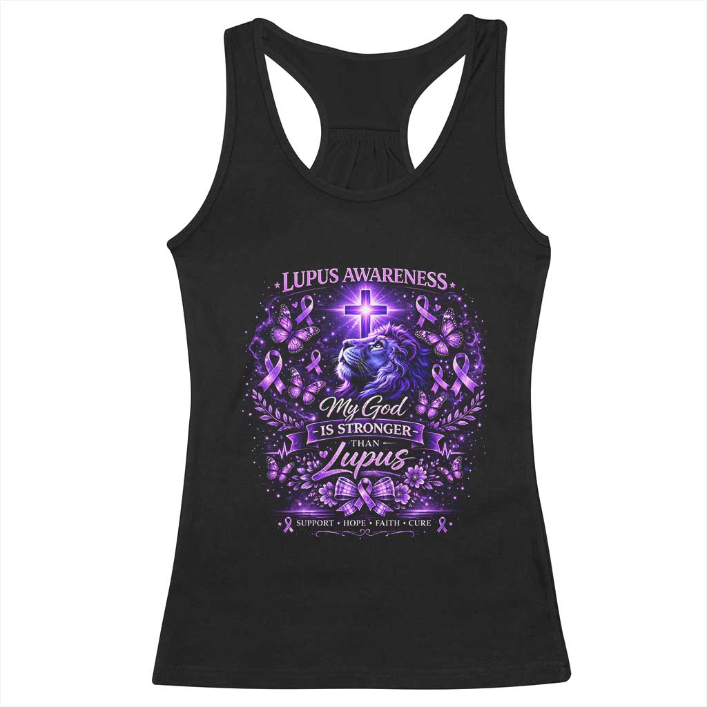 Lupus Awareness Racerback Tank Top Lion Purple Ribbon My God Is Stronger Than Lupus