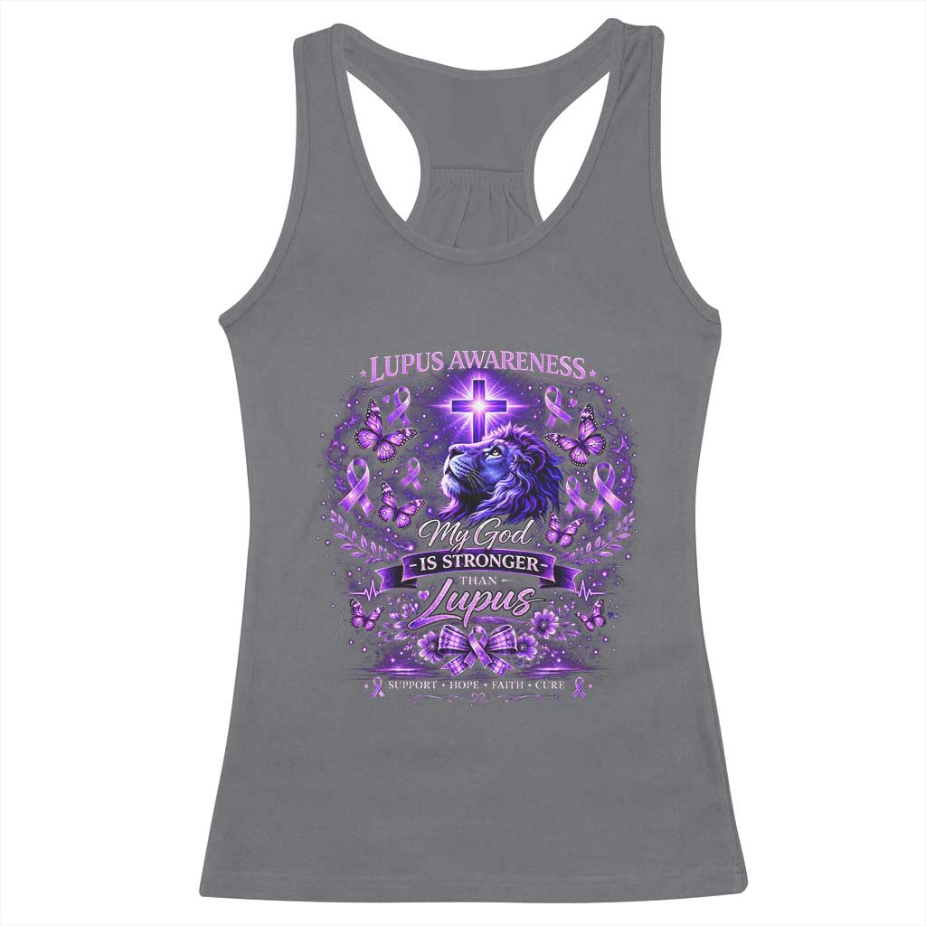 Lupus Awareness Racerback Tank Top Lion Purple Ribbon My God Is Stronger Than Lupus