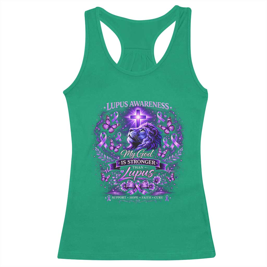 Lupus Awareness Racerback Tank Top Lion Purple Ribbon My God Is Stronger Than Lupus
