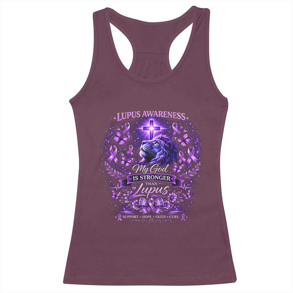 Lupus Awareness Racerback Tank Top Lion Purple Ribbon My God Is Stronger Than Lupus