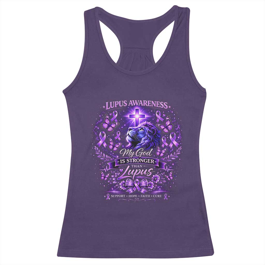 Lupus Awareness Racerback Tank Top Lion Purple Ribbon My God Is Stronger Than Lupus