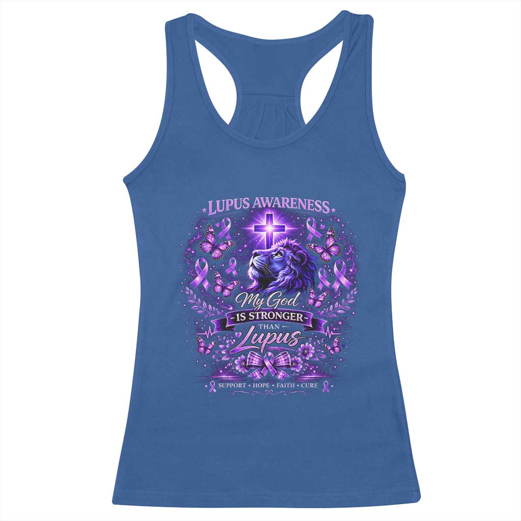 Lupus Awareness Racerback Tank Top Lion Purple Ribbon My God Is Stronger Than Lupus