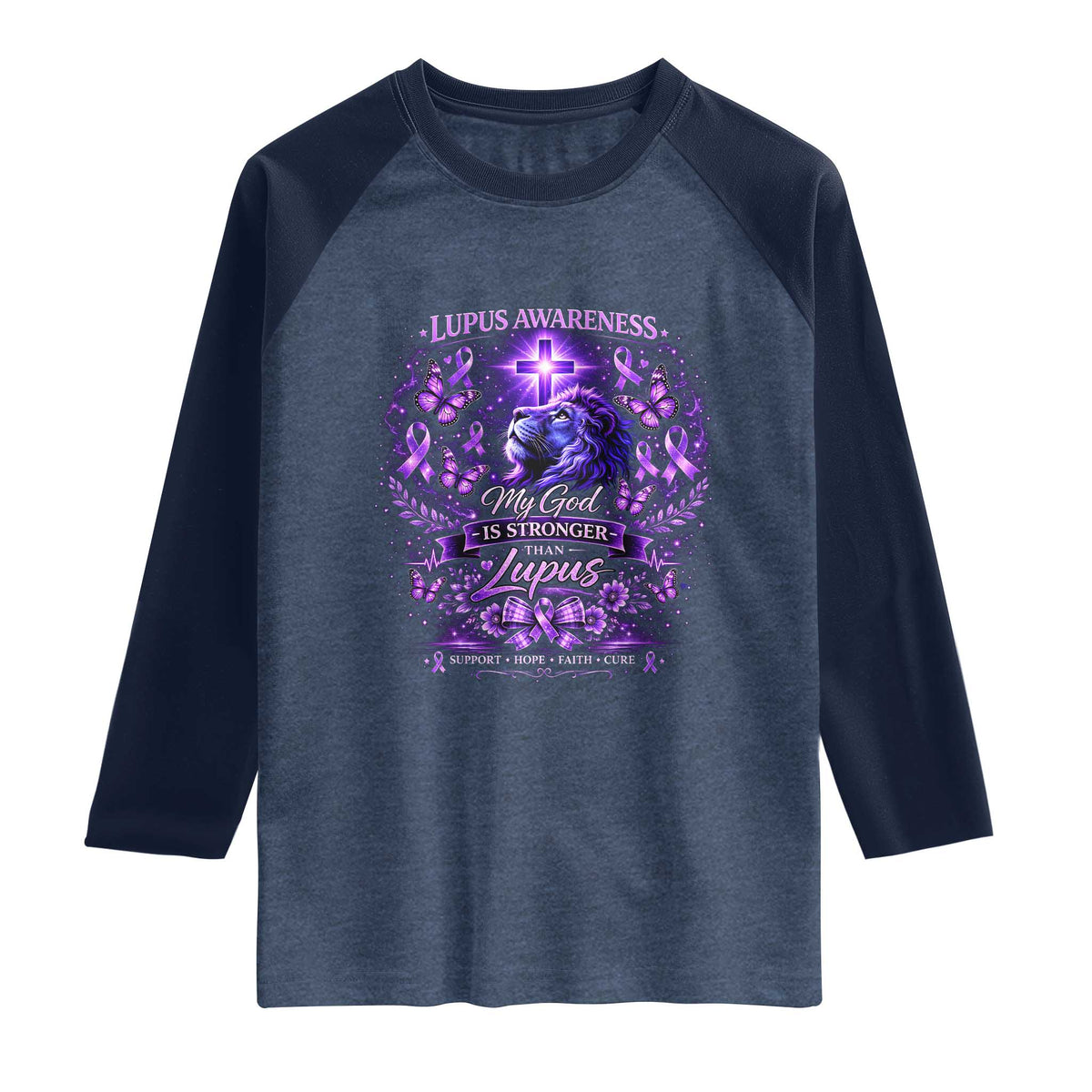 Lupus Awareness Raglan Shirt Lion Purple Ribbon My God Is Stronger Than Lupus