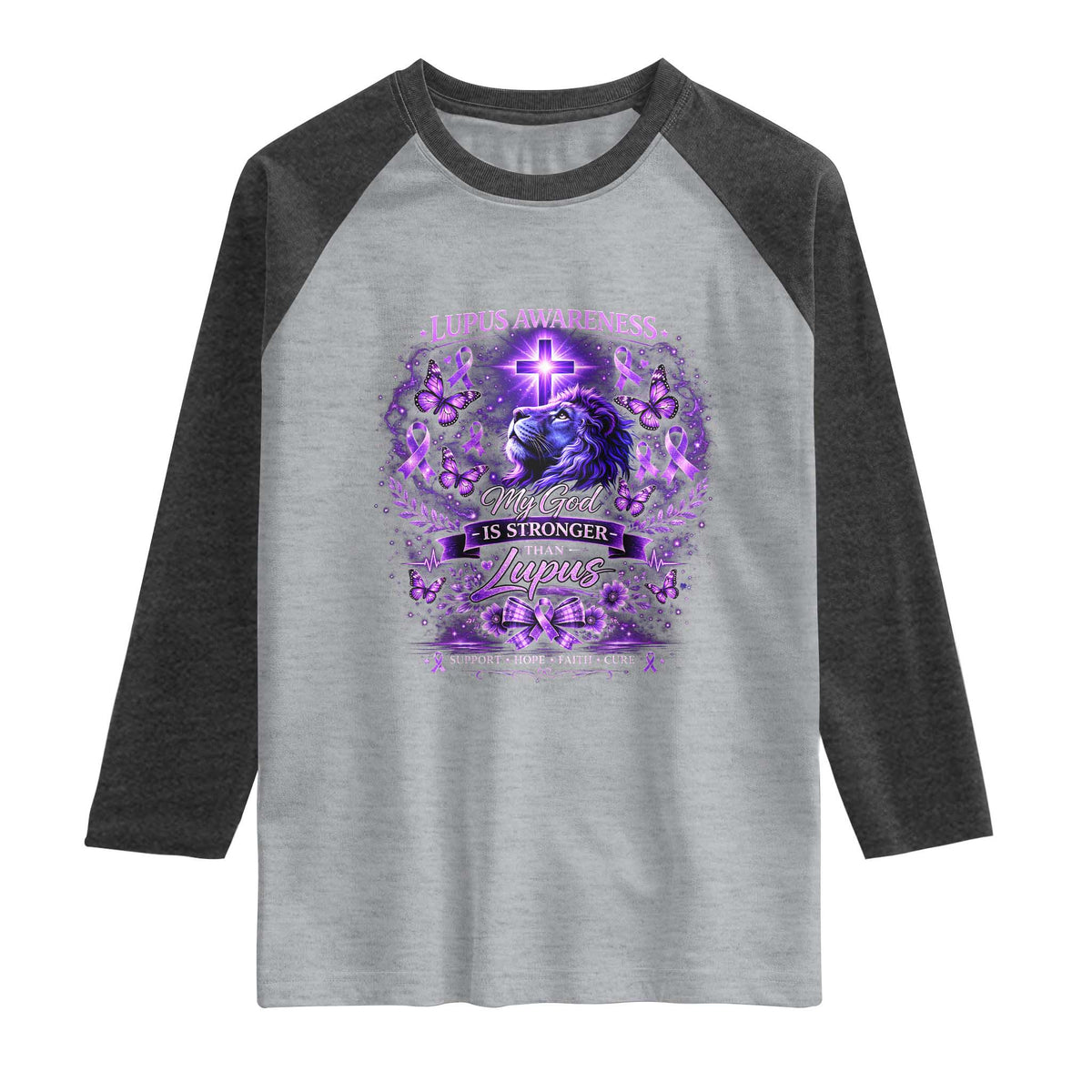 Lupus Awareness Raglan Shirt Lion Purple Ribbon My God Is Stronger Than Lupus