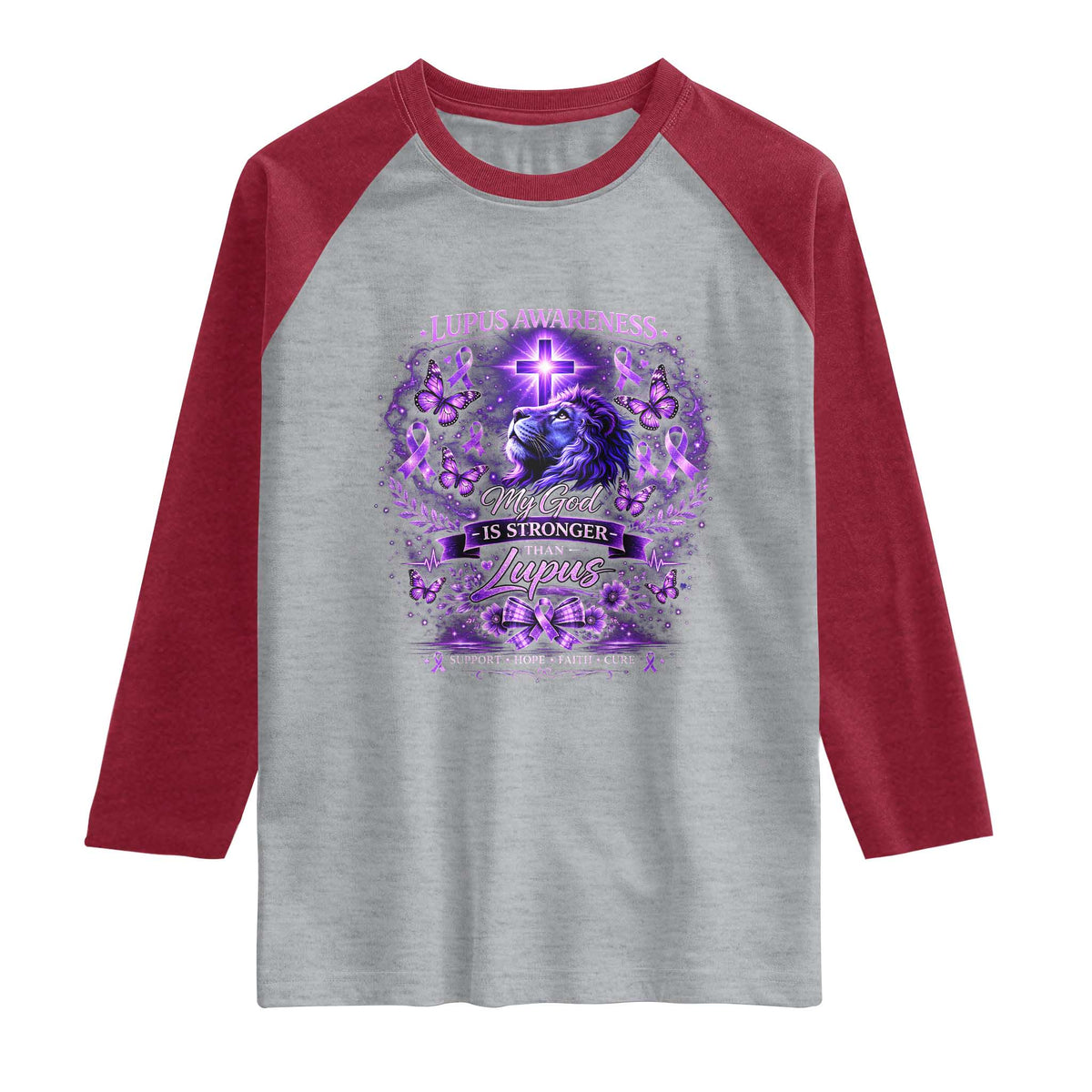Lupus Awareness Raglan Shirt Lion Purple Ribbon My God Is Stronger Than Lupus