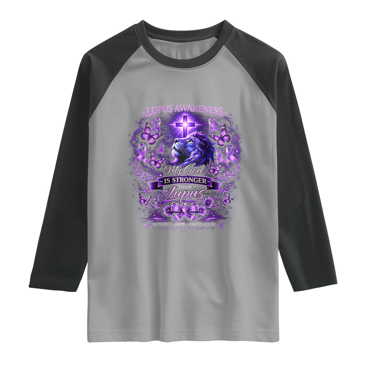 Lupus Awareness Raglan Shirt Lion Purple Ribbon My God Is Stronger Than Lupus
