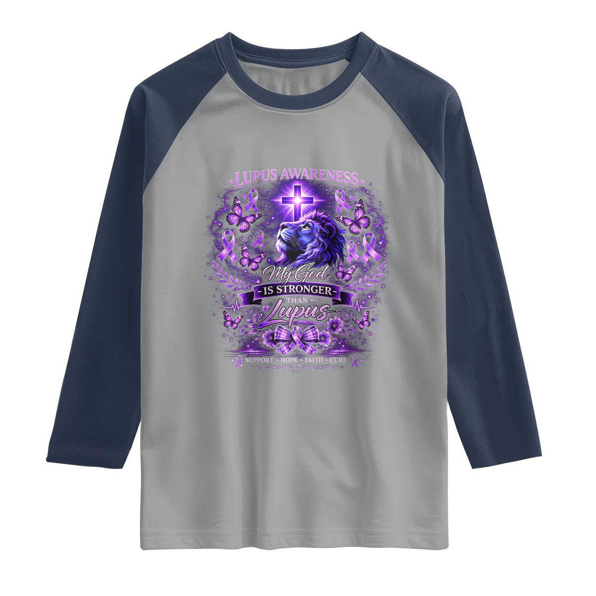 Lupus Awareness Raglan Shirt Lion Purple Ribbon My God Is Stronger Than Lupus