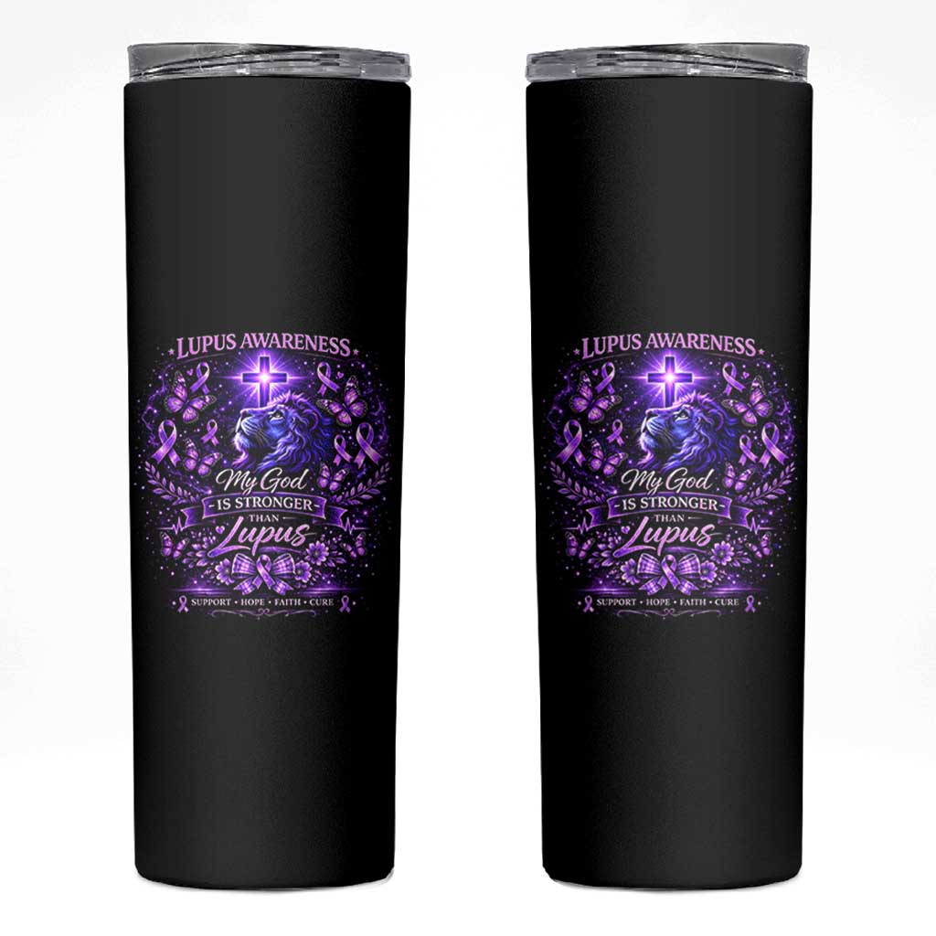 Lupus Awareness Skinny Tumbler Lion Purple Ribbon My God Is Stronger Than Lupus