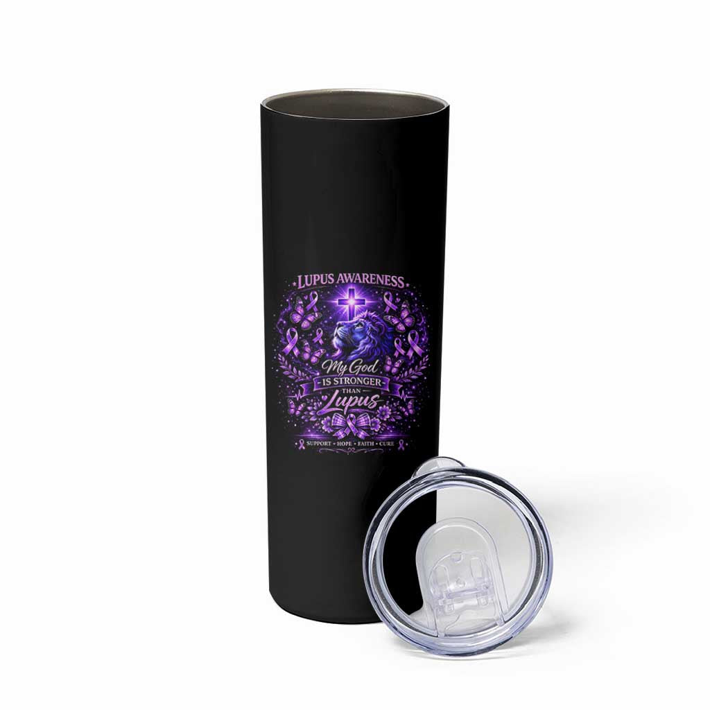 Lupus Awareness Skinny Tumbler Lion Purple Ribbon My God Is Stronger Than Lupus