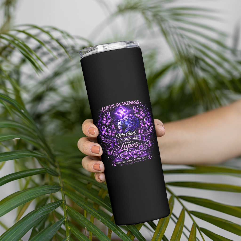 Lupus Awareness Skinny Tumbler Lion Purple Ribbon My God Is Stronger Than Lupus
