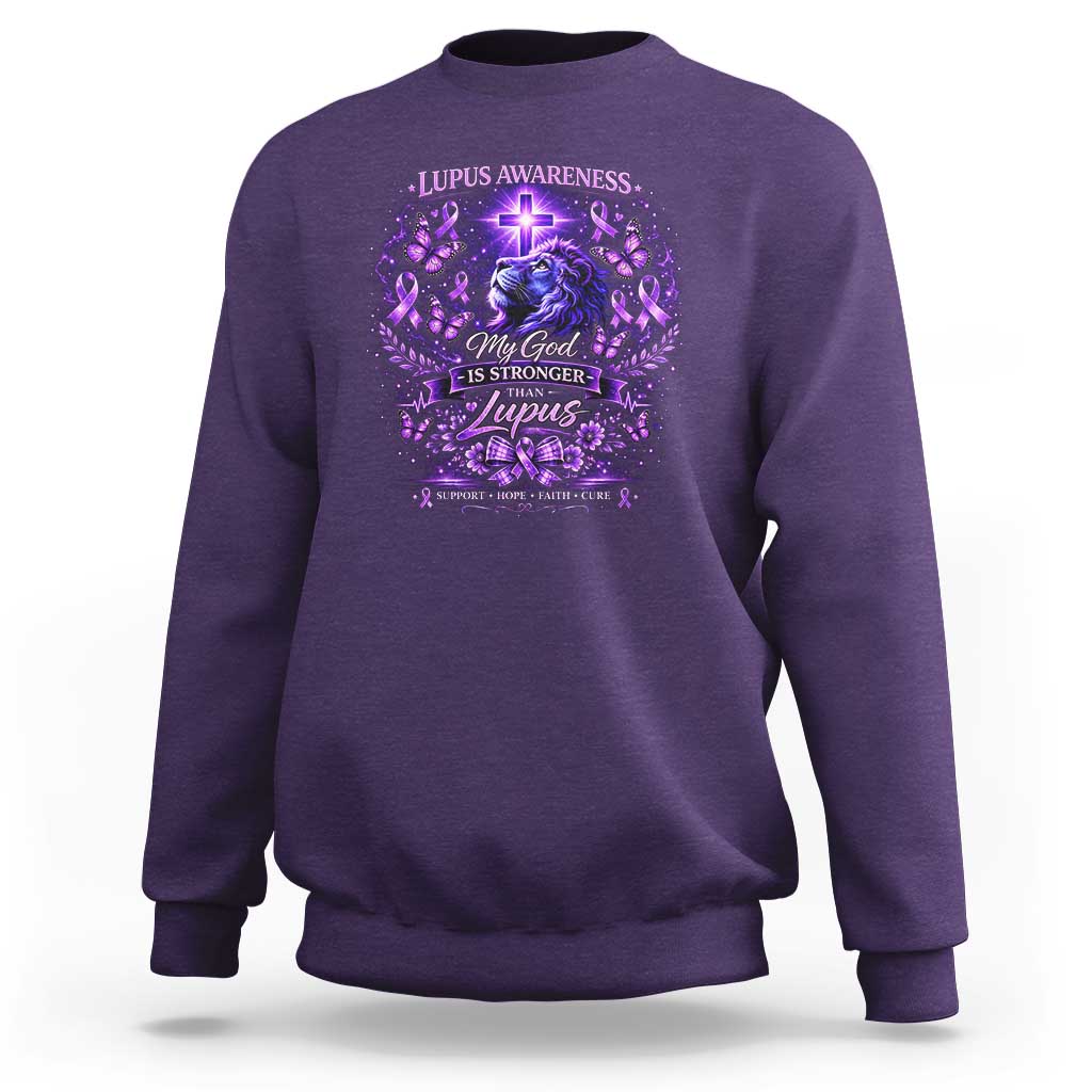 Lupus Awareness Sweatshirt Lion Purple Ribbon My God Is Stronger Than Lupus