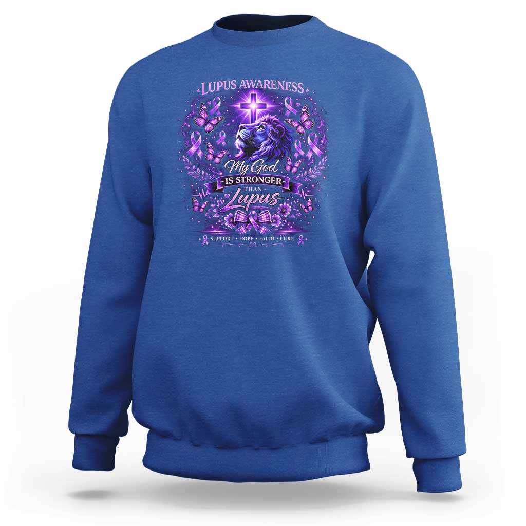 Lupus Awareness Sweatshirt Lion Purple Ribbon My God Is Stronger Than Lupus