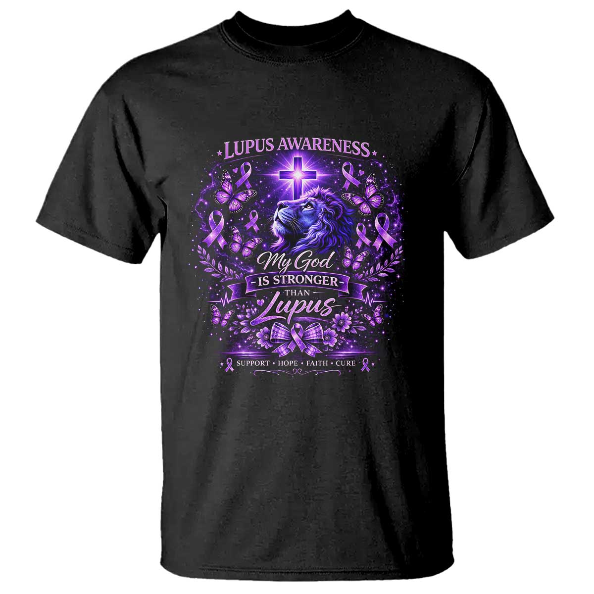 Lupus Awareness T Shirt Lion Purple Ribbon My God Is Stronger Than Lupus
