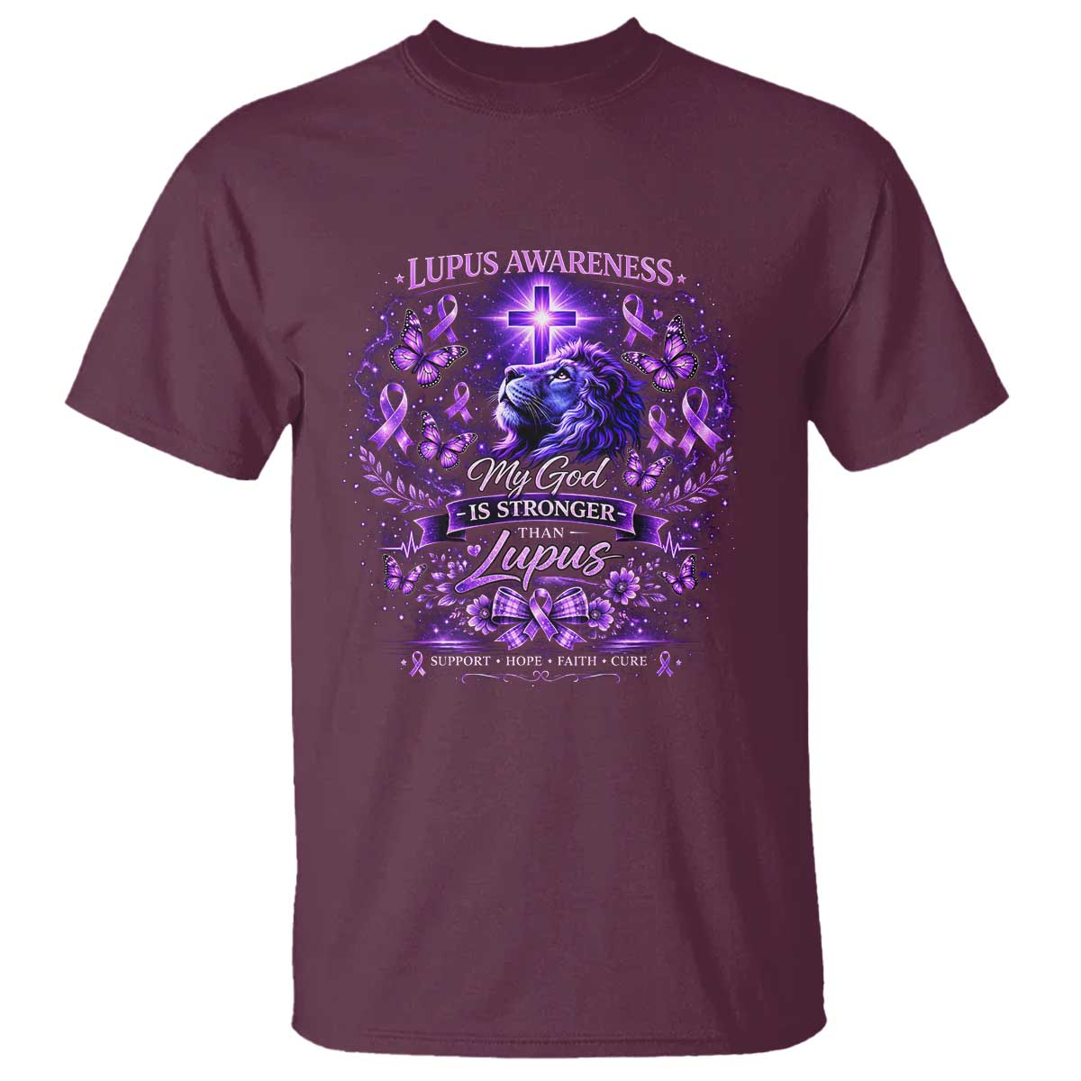 Lupus Awareness T Shirt Lion Purple Ribbon My God Is Stronger Than Lupus