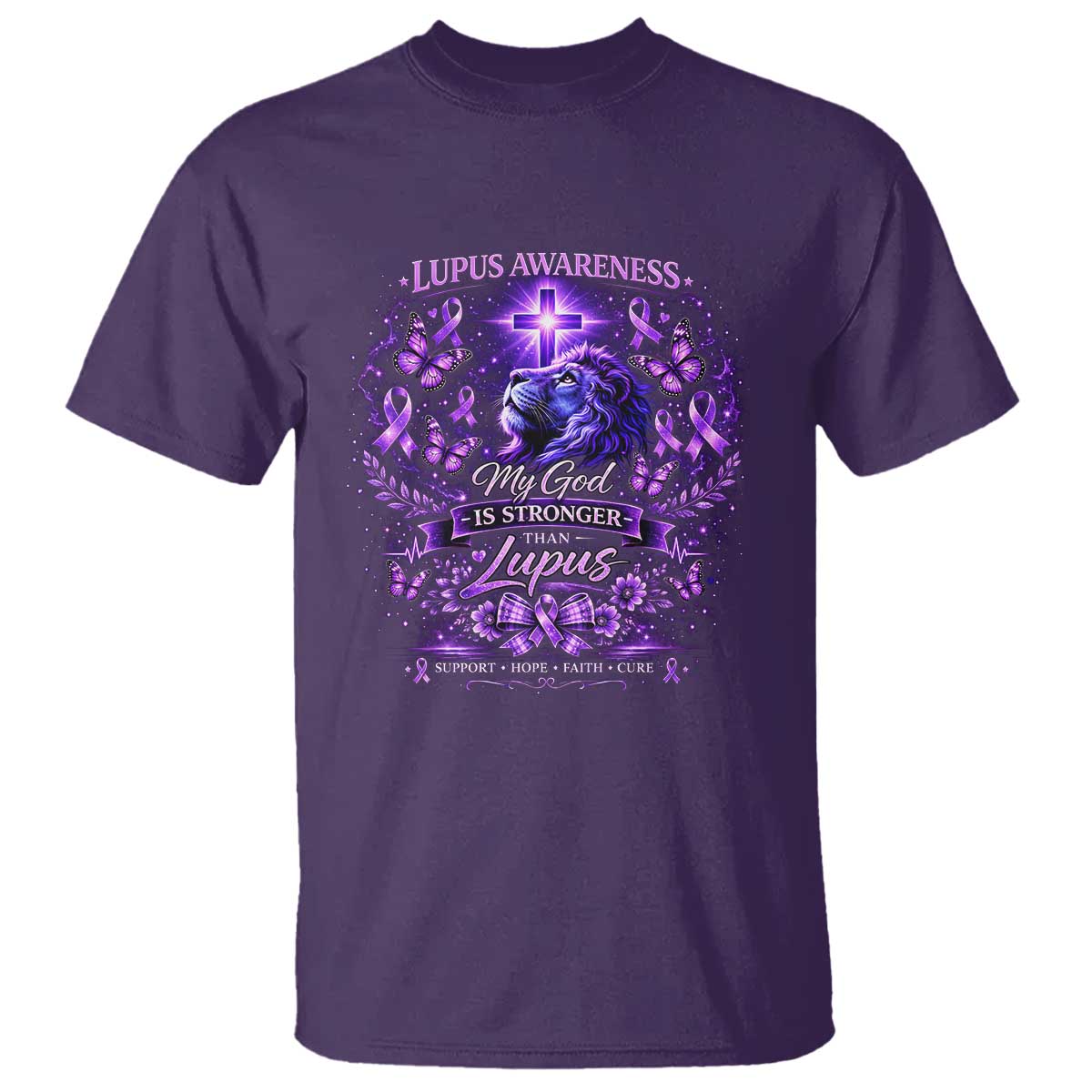 Lupus Awareness T Shirt Lion Purple Ribbon My God Is Stronger Than Lupus