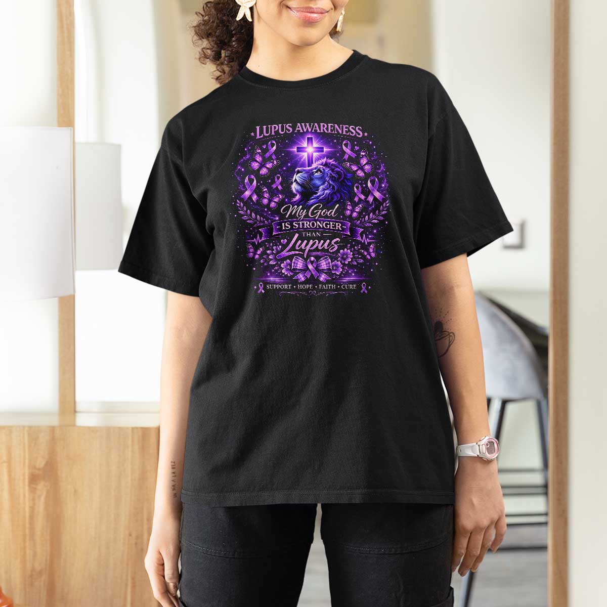 Lupus Awareness T Shirt For Women Lion Purple Ribbon My God Is Stronger Than Lupus