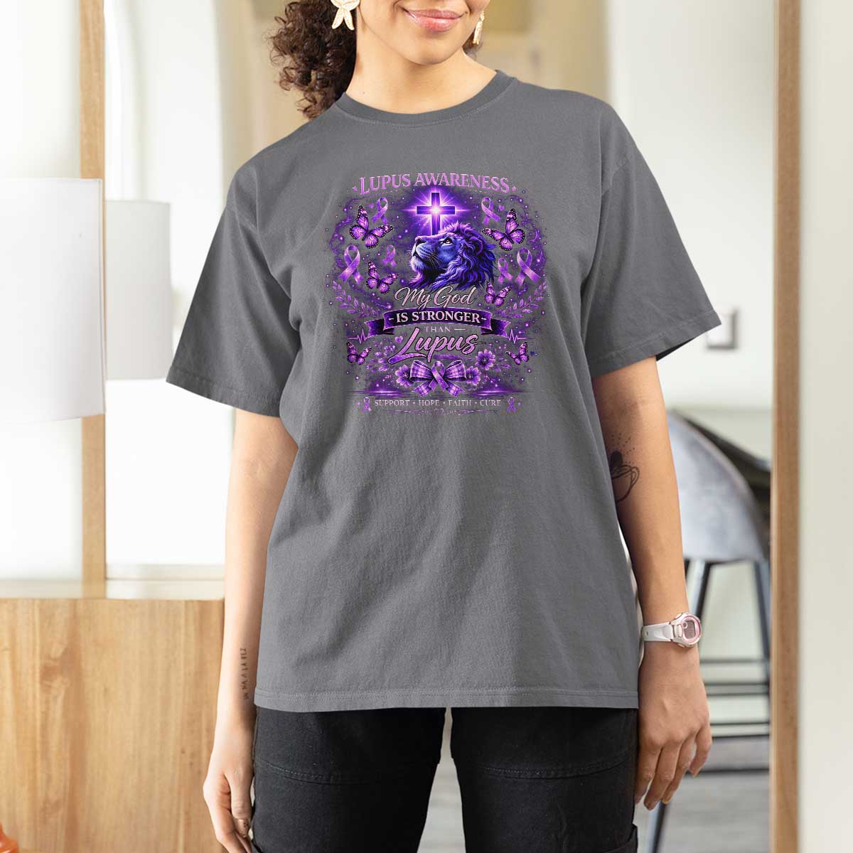 Lupus Awareness T Shirt For Women Lion Purple Ribbon My God Is Stronger Than Lupus