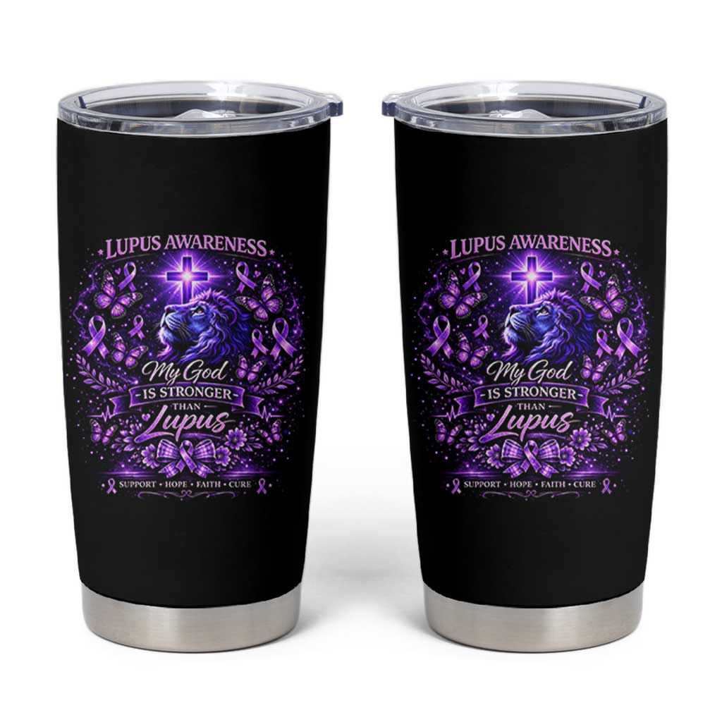 Lupus Awareness Tumbler Cup Lion Purple Ribbon My God Is Stronger Than Lupus