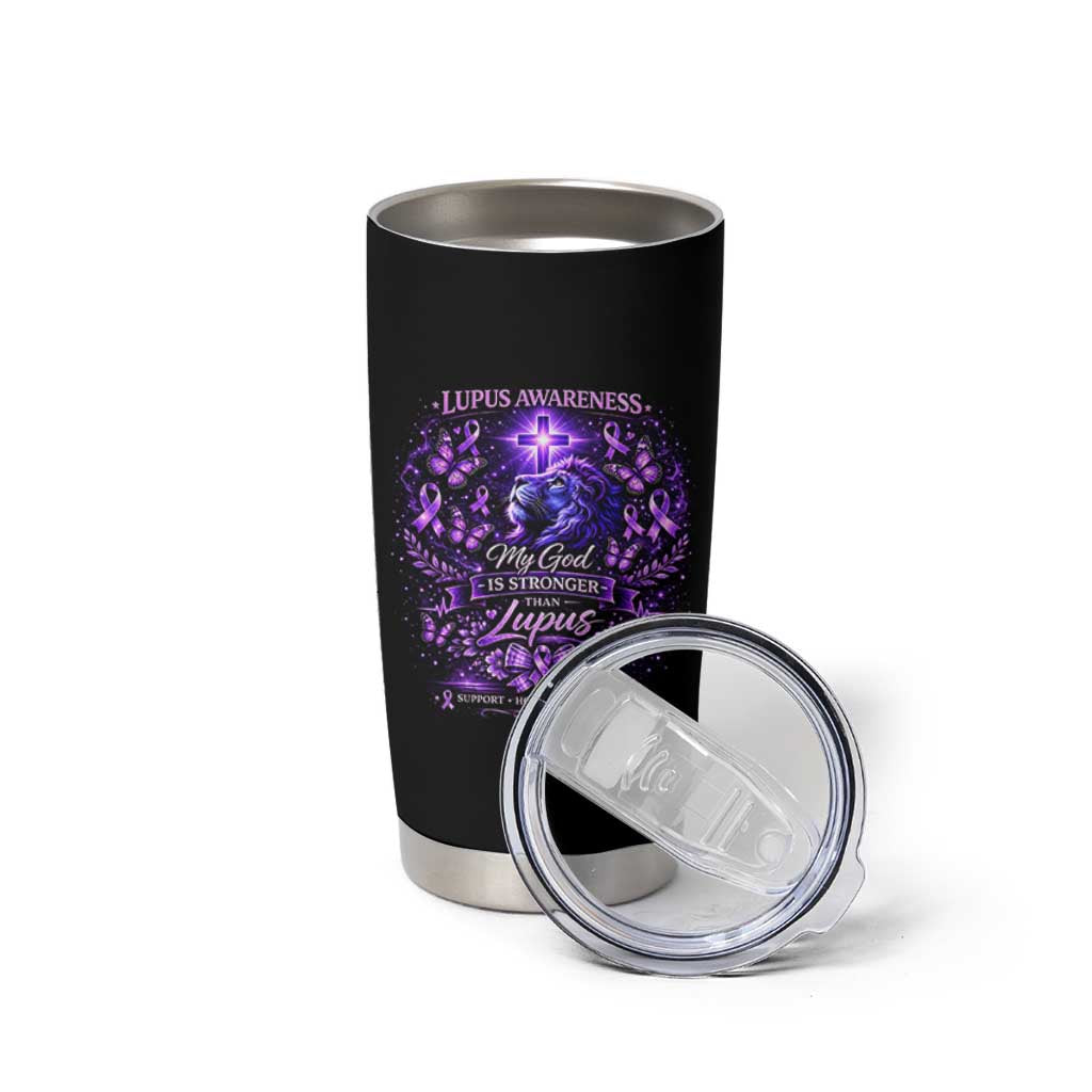 Lupus Awareness Tumbler Cup Lion Purple Ribbon My God Is Stronger Than Lupus