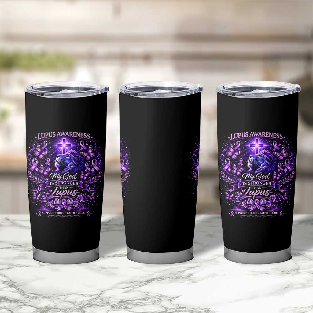 Lupus Awareness Tumbler Cup Lion Purple Ribbon My God Is Stronger Than Lupus