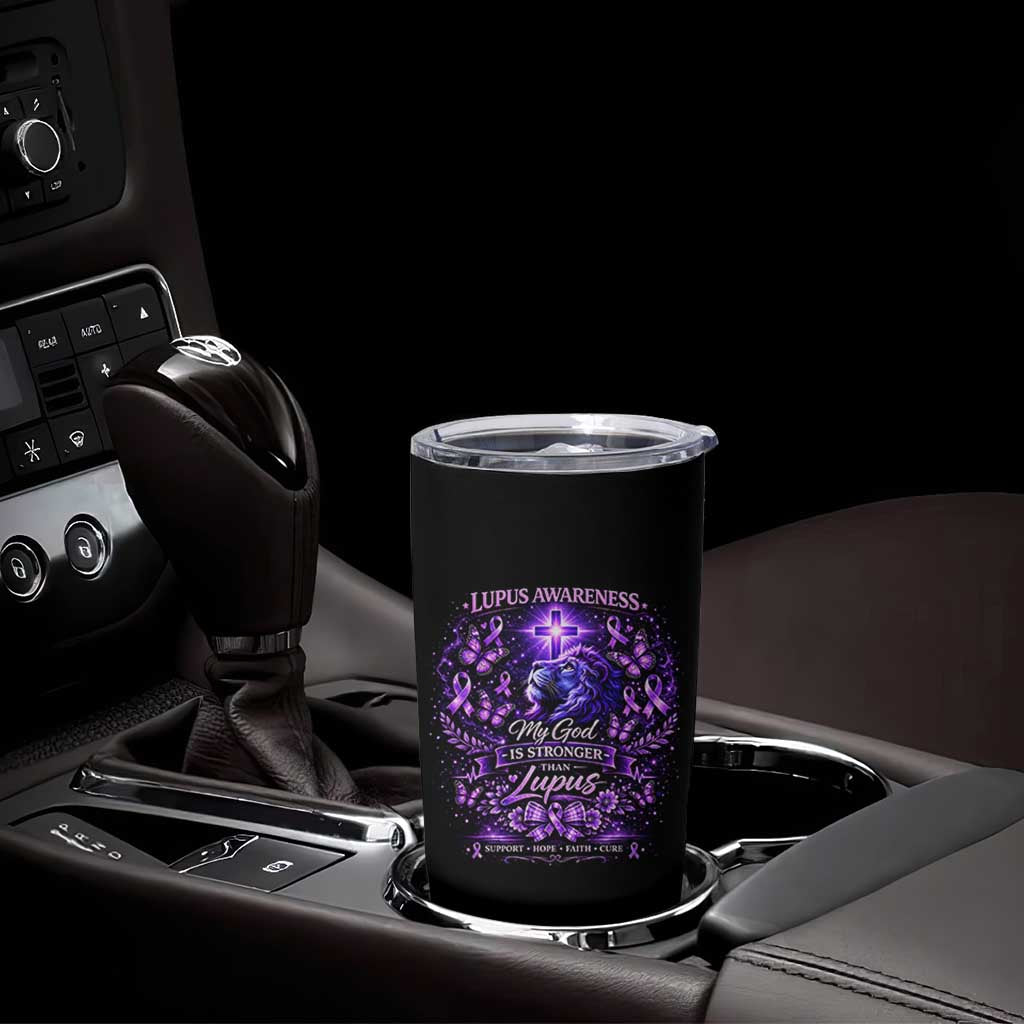 Lupus Awareness Tumbler Cup Lion Purple Ribbon My God Is Stronger Than Lupus