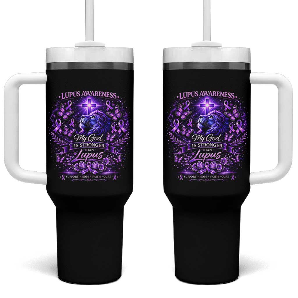 Lupus Awareness Tumbler With Handle Lion Purple Ribbon My God Is Stronger Than Lupus