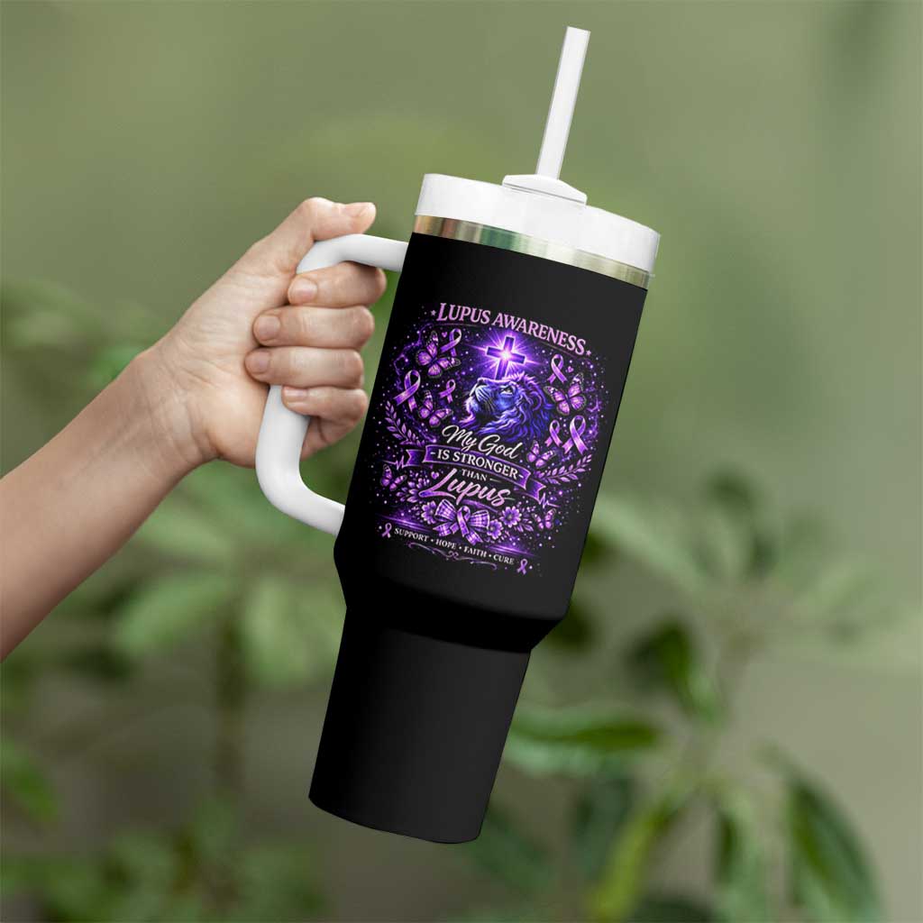 Lupus Awareness Tumbler With Handle Lion Purple Ribbon My God Is Stronger Than Lupus