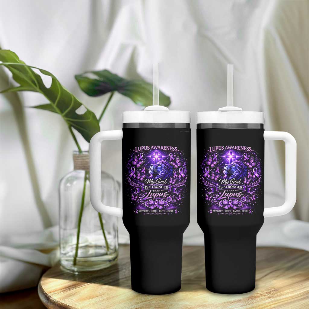 Lupus Awareness Tumbler With Handle Lion Purple Ribbon My God Is Stronger Than Lupus