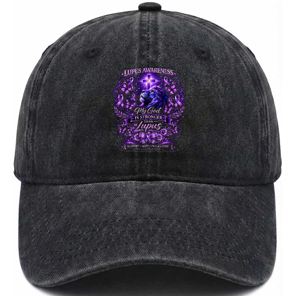 Lupus Awareness Washed Cotton Baseball Cap Lion Purple Ribbon My God Is Stronger Than Lupus