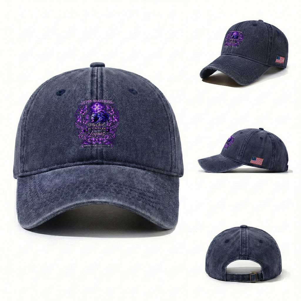 Lupus Awareness Washed Cotton Baseball Cap Lion Purple Ribbon My God Is Stronger Than Lupus