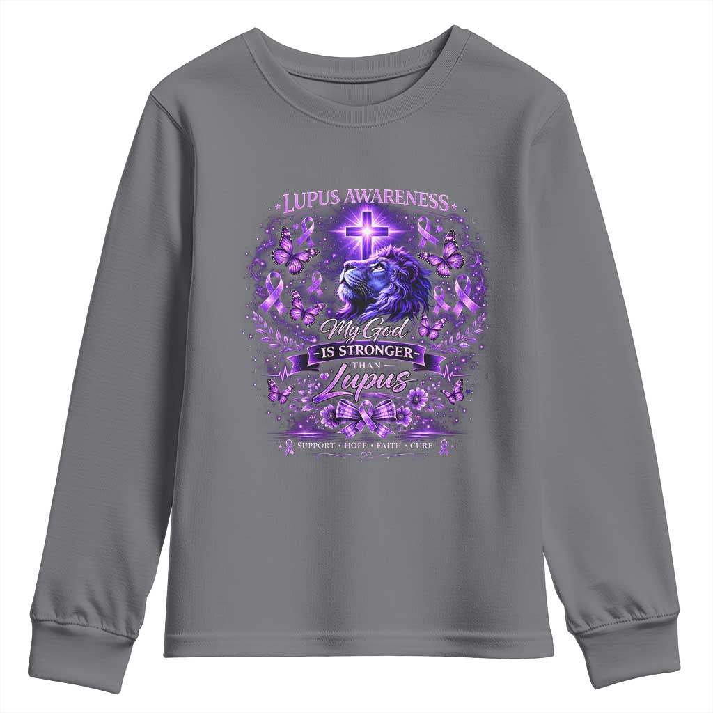 Lupus Awareness Youth Sweatshirt Lion Purple Ribbon My God Is Stronger Than Lupus