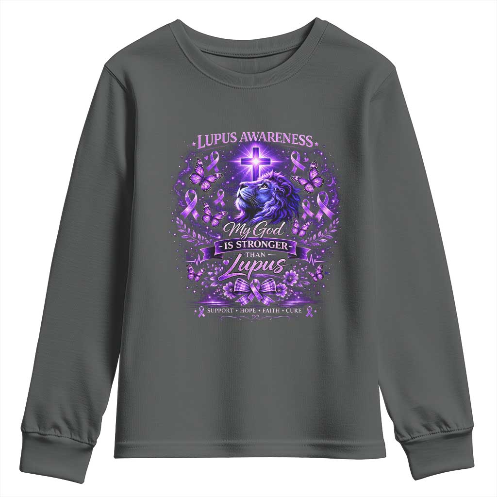 Lupus Awareness Youth Sweatshirt Lion Purple Ribbon My God Is Stronger Than Lupus