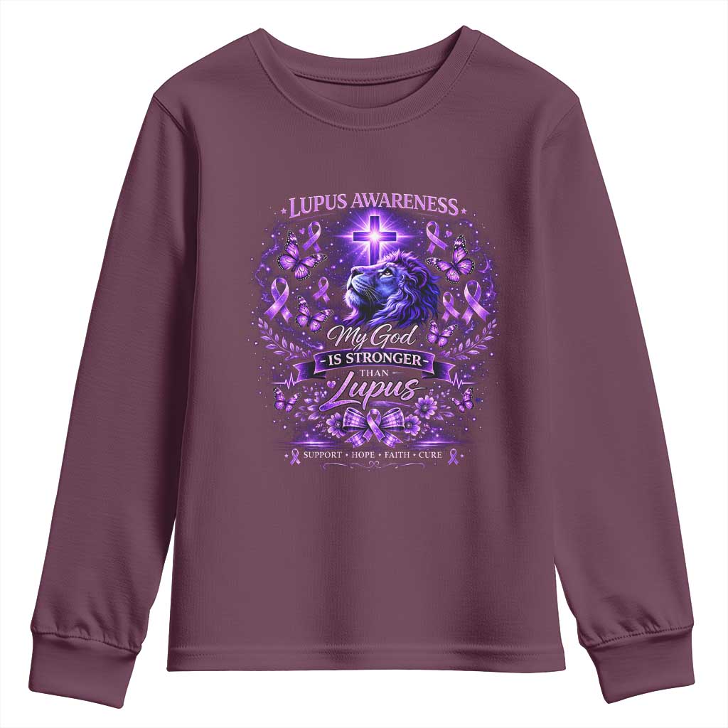 Lupus Awareness Youth Sweatshirt Lion Purple Ribbon My God Is Stronger Than Lupus