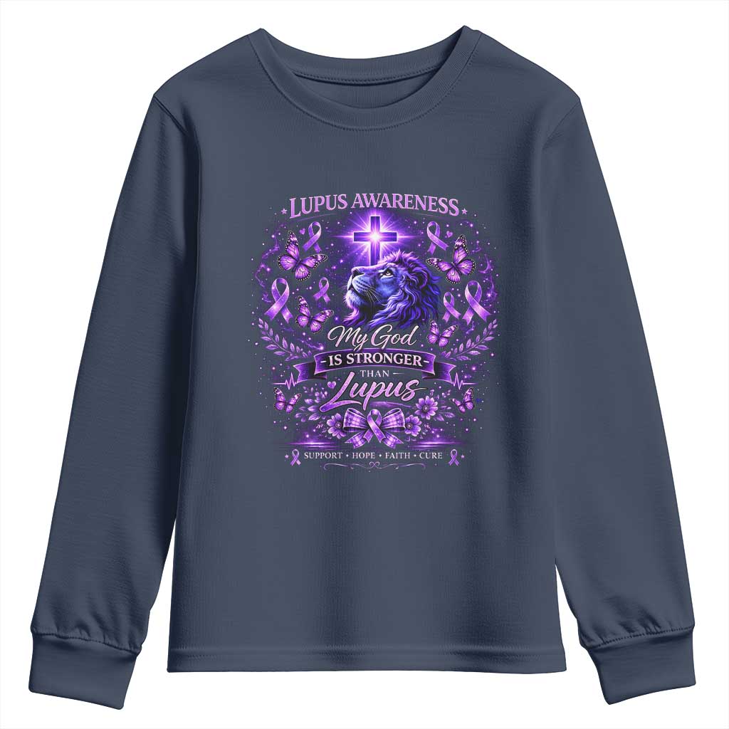 Lupus Awareness Youth Sweatshirt Lion Purple Ribbon My God Is Stronger Than Lupus