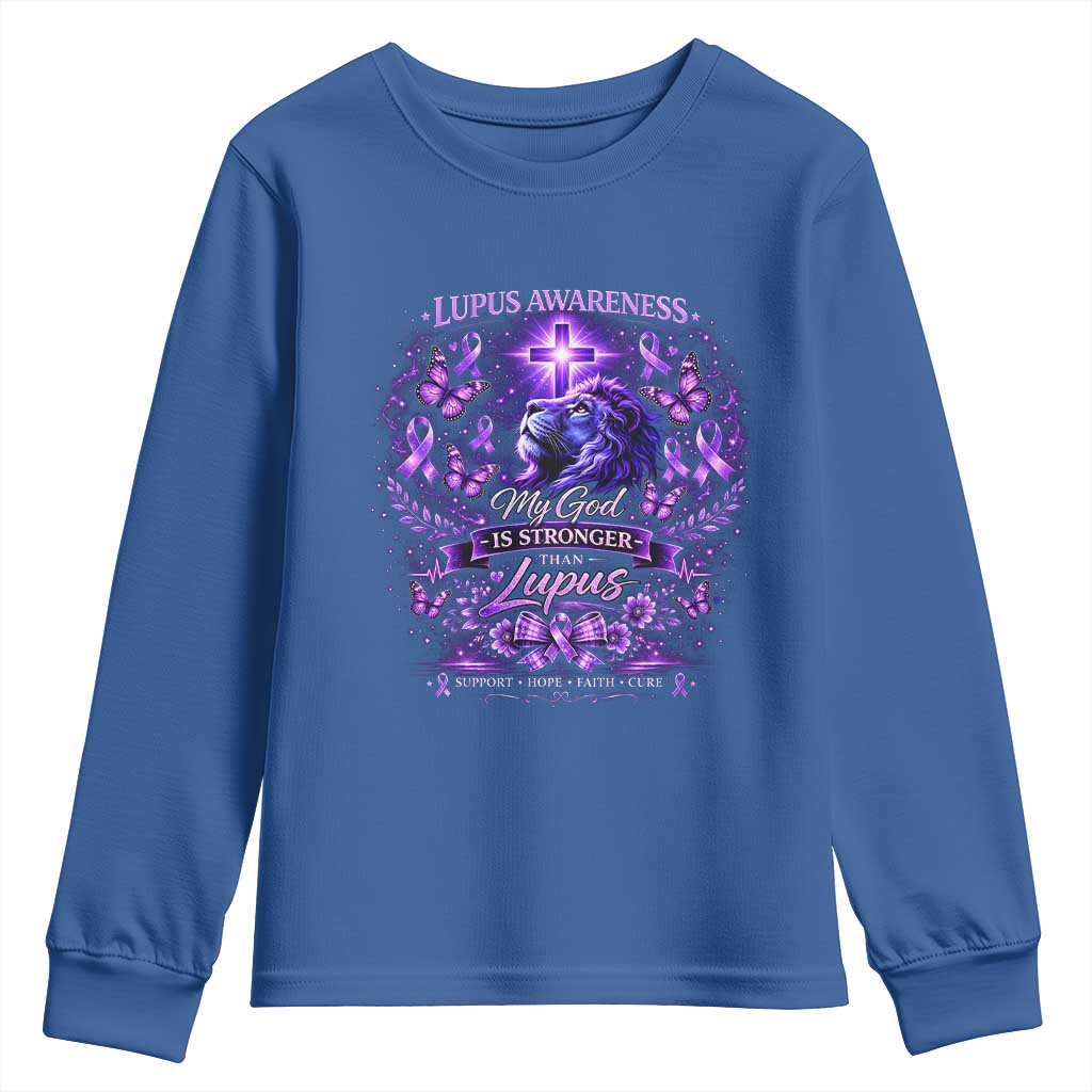 Lupus Awareness Youth Sweatshirt Lion Purple Ribbon My God Is Stronger Than Lupus