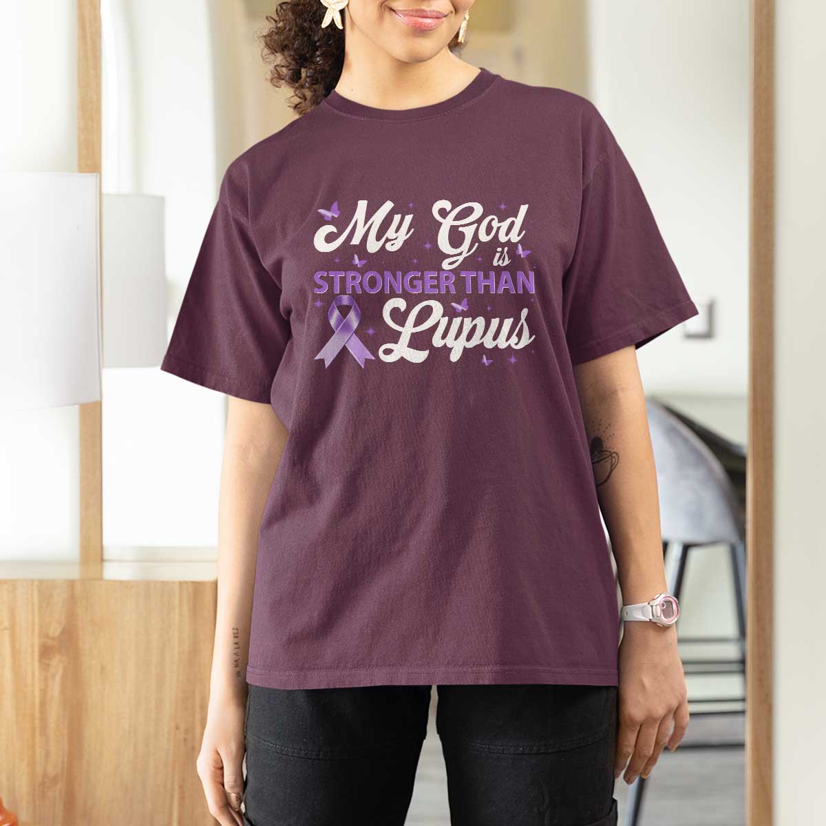 My God Is Bigger Than Lupus T Shirt For Women Purple Ribbon