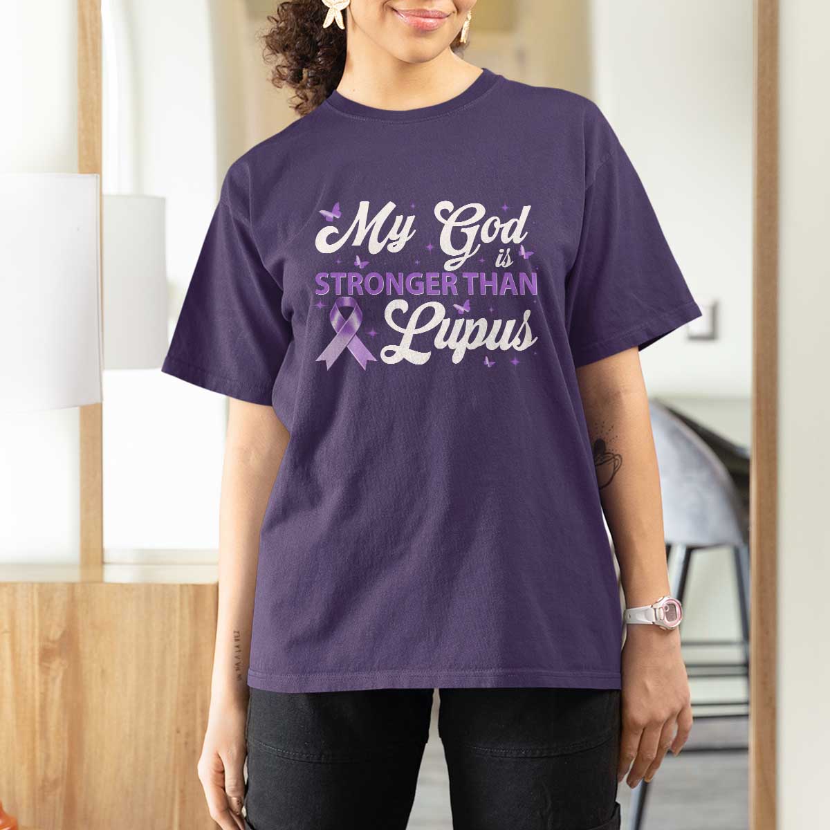 My God Is Bigger Than Lupus T Shirt For Women Purple Ribbon