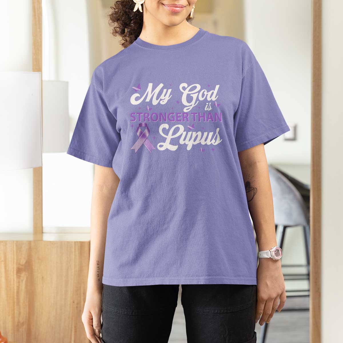 My God Is Bigger Than Lupus T Shirt For Women Purple Ribbon