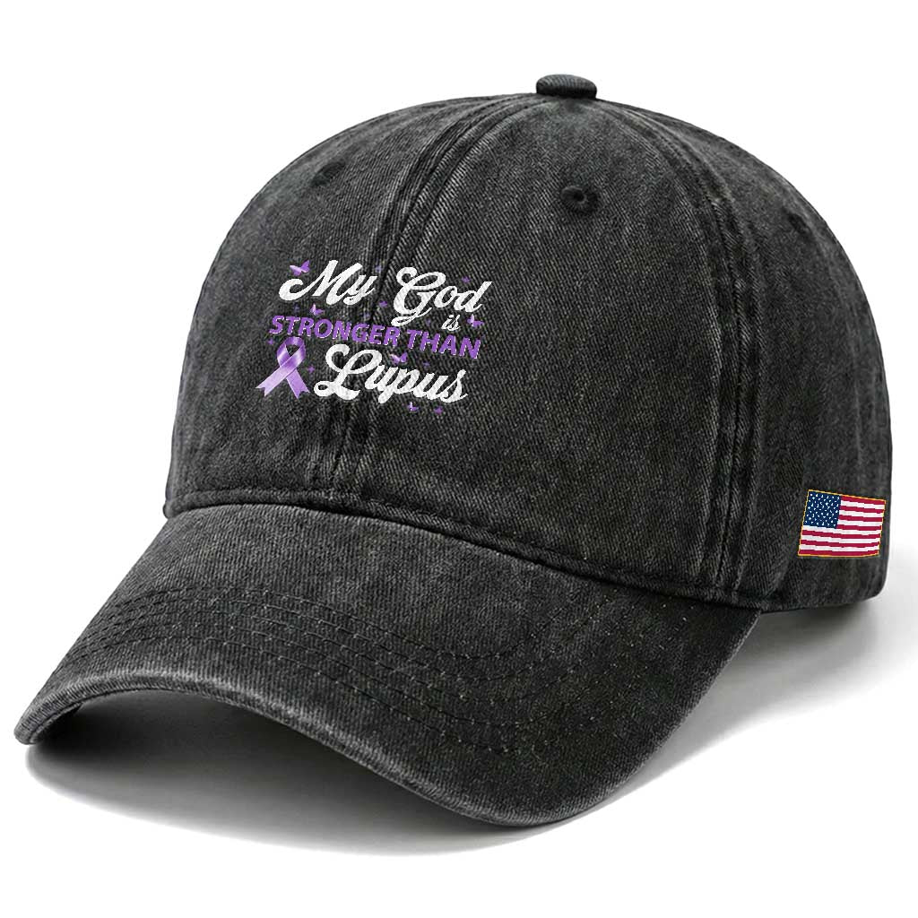 My God Is Bigger Than Lupus Washed Cotton Baseball Cap Purple Ribbon