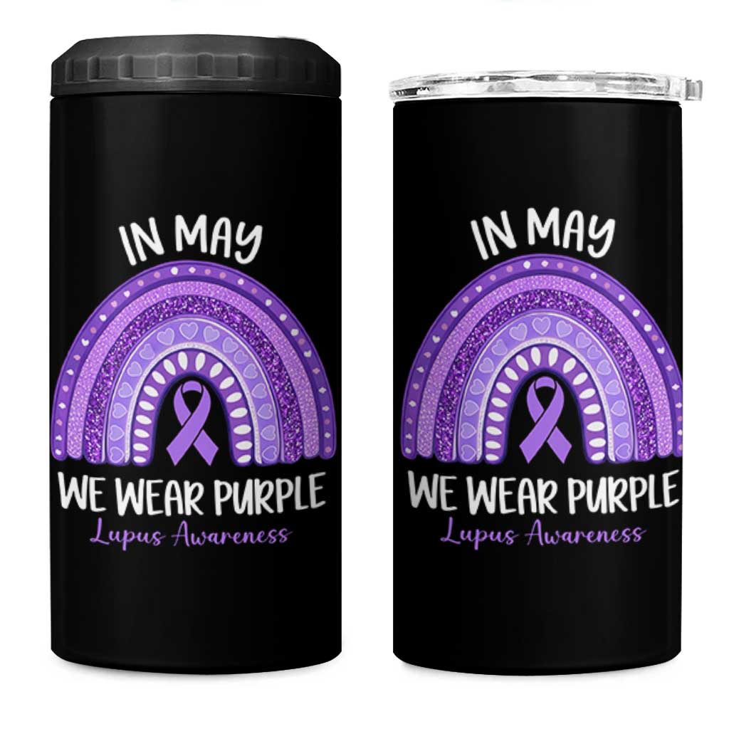 Lupus Awareness 4 in 1 Can Cooler Tumbler In May We Wear Purple Ribbon Rainbow