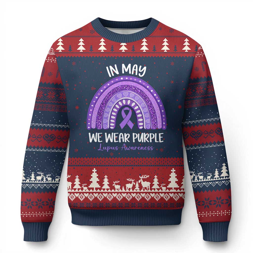 Lupus Awareness Ugly Christmas Sweater In May We Wear Purple Ribbon Rainbow